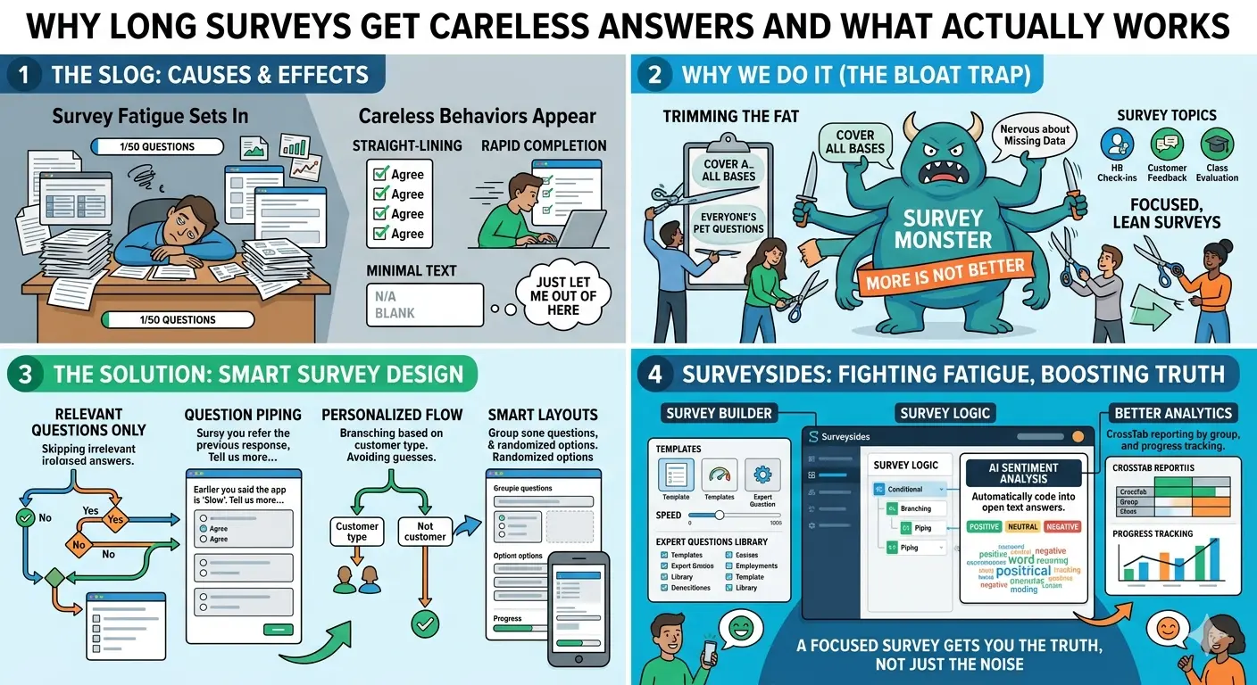Survey respondent completing a short personalized survey with conditional logic, branching questions, and real-time feedback collection designed to reduce survey fatigue and improve response quality